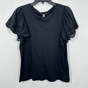 T Tahari Black Eyelet Flutter Sleeve Classic Summer Tee Modal Feminine NWT
